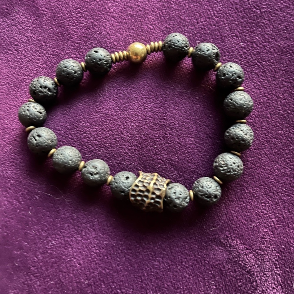 Black Lava Stone Bracelet with Gold Accents
